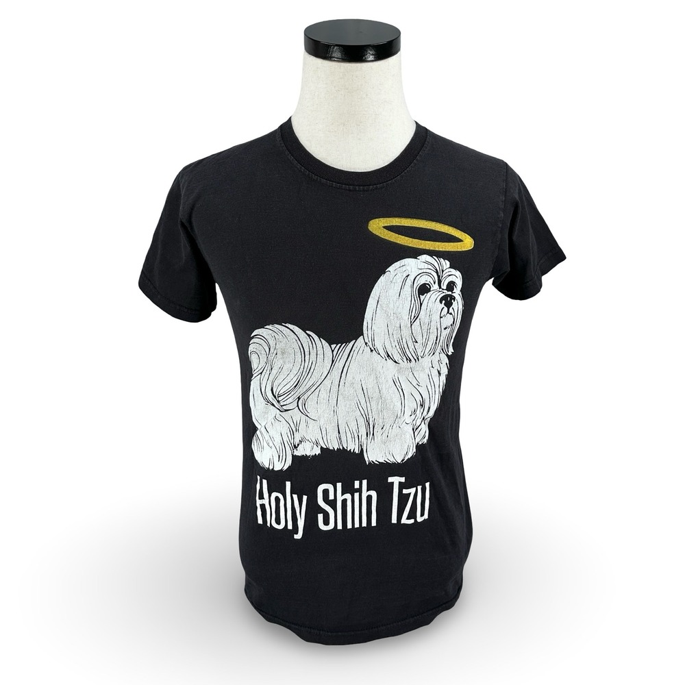 Vintage Holy Shih Tzu Dog Graphic T-Shirt Black Small Mens Pun Humor Tee